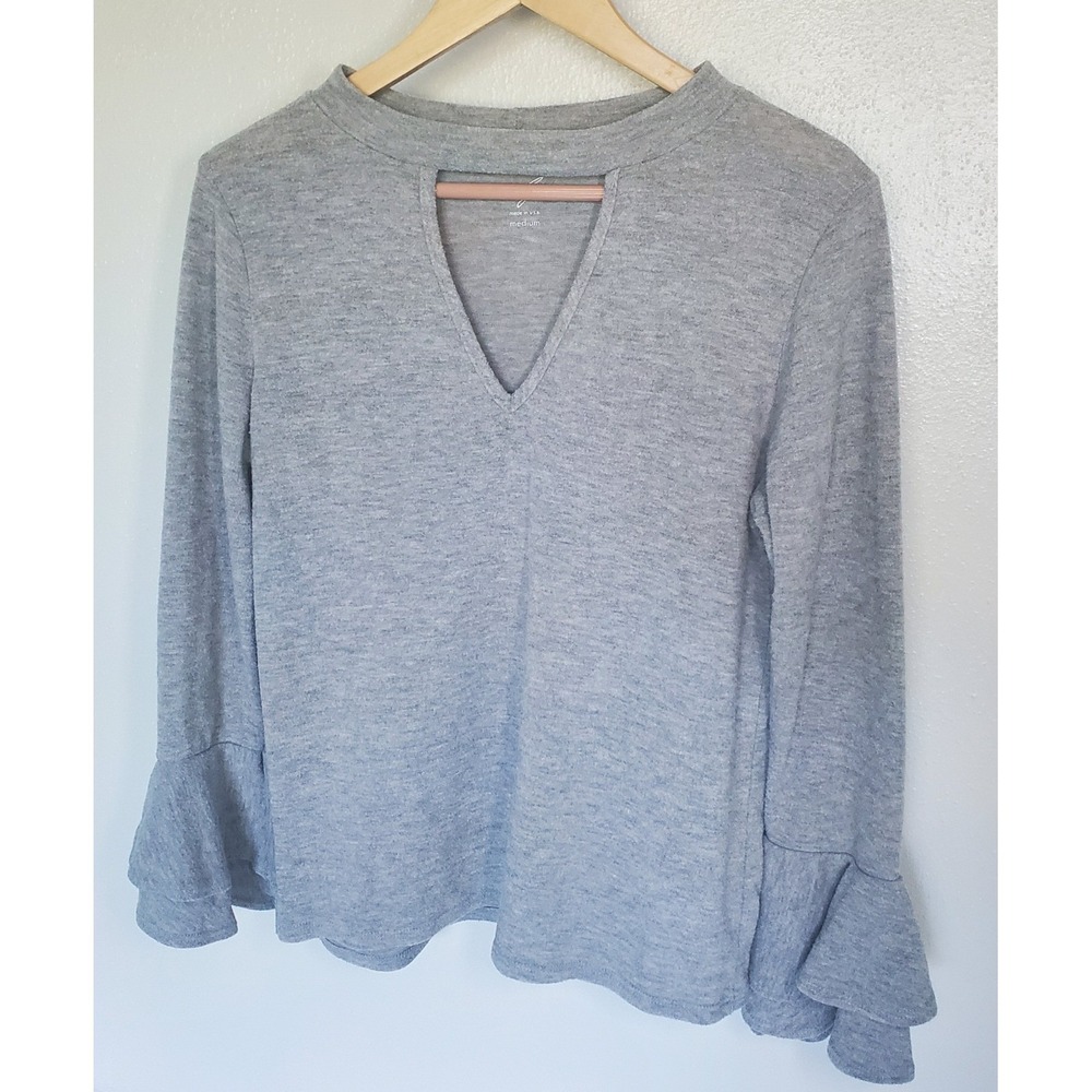 Alya Gray Long Sleeve Top Bell Sleeve Cut Out Mock Neck Academia Quit Luxury